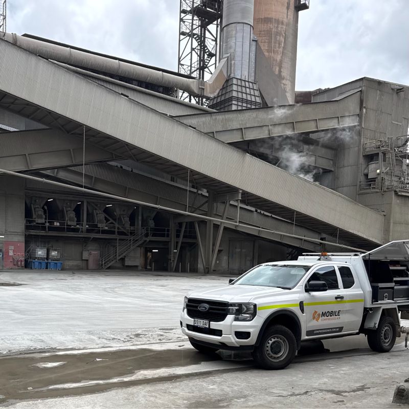 Adbri Cement airend replacement Compressed Air Analysis 14 MCA vehicle onsite at a cement factory